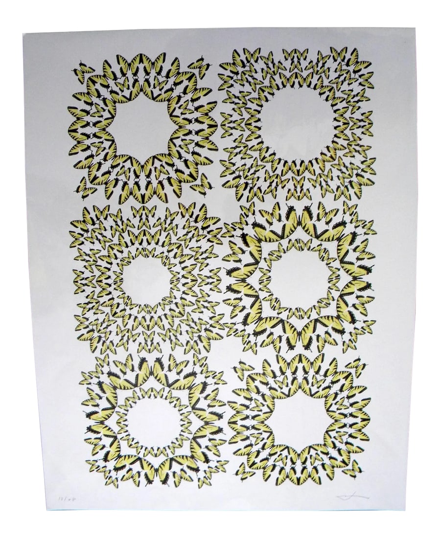 Jean Orlebeke Original Geometric Yellow Butterflies Print: Signed and numbered in pencil original unframed print of yellow butterflies in a geometric pattern by a well-known California designer Jean Orlebeke. The print number is 13 out of 280. It is sealed in