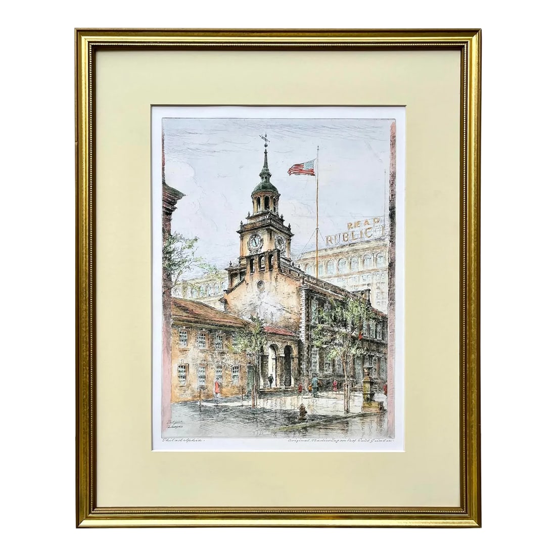 Original Color Etching Philadelphia Independence Hall by Paul Geissler Circa 1928 (1 of 7)