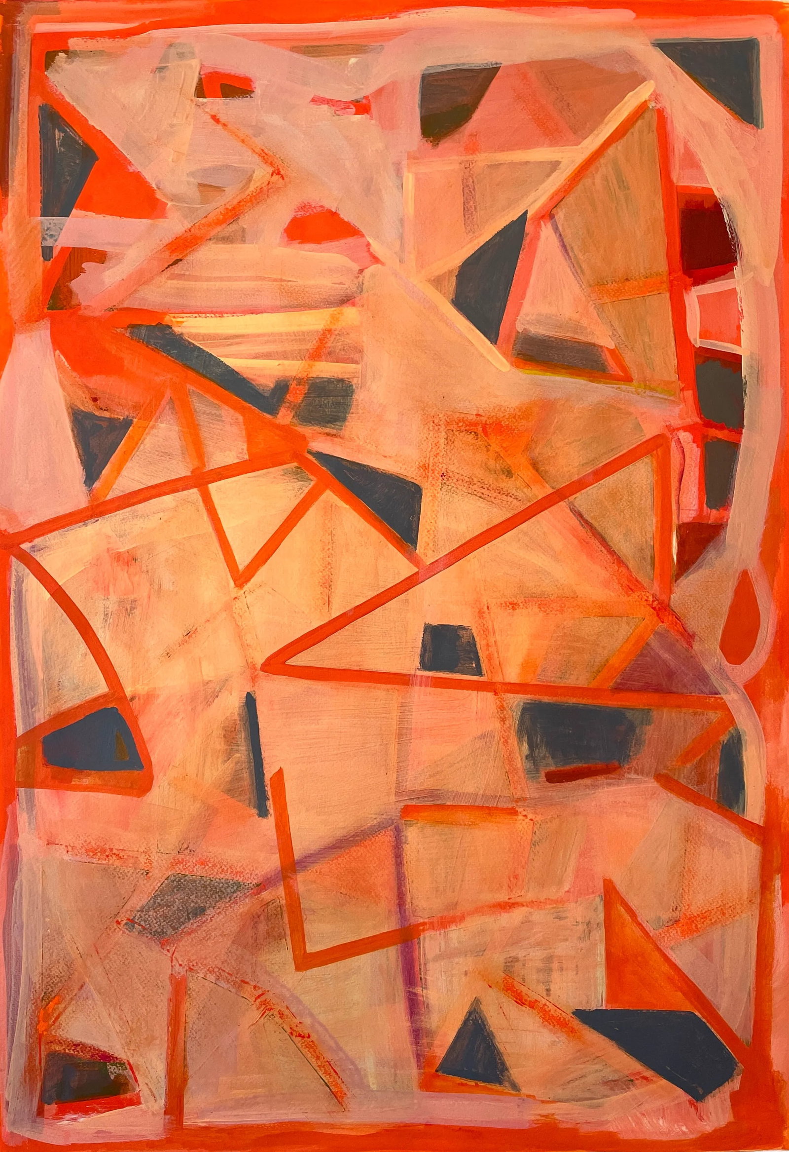 Abstract Paint With Geometric Orange Shapes: This abstract painting by Sarah Vaaler features shades of orange triangular lines and slate gray shapes on a washy background of cream and peach. The vibe is retro yet modern. Made with acrylic gouach