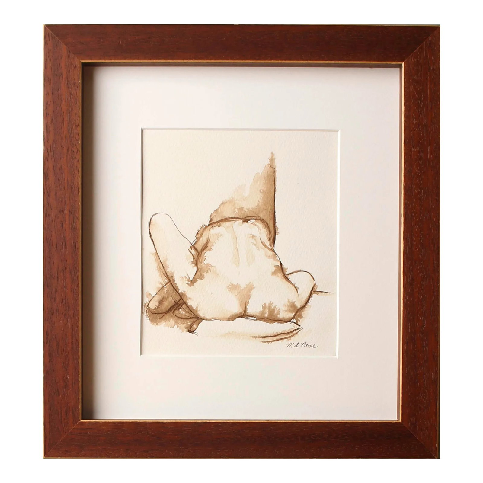 Original Nude Female Framed Figure Drawing in Brown Ink: Original pen and walnut ink drawing of a seated female nude by contemporary artist Michelle Arnold Paine. The drawing on 100% cotton archival watercolor paper is matted with 100% cotton white