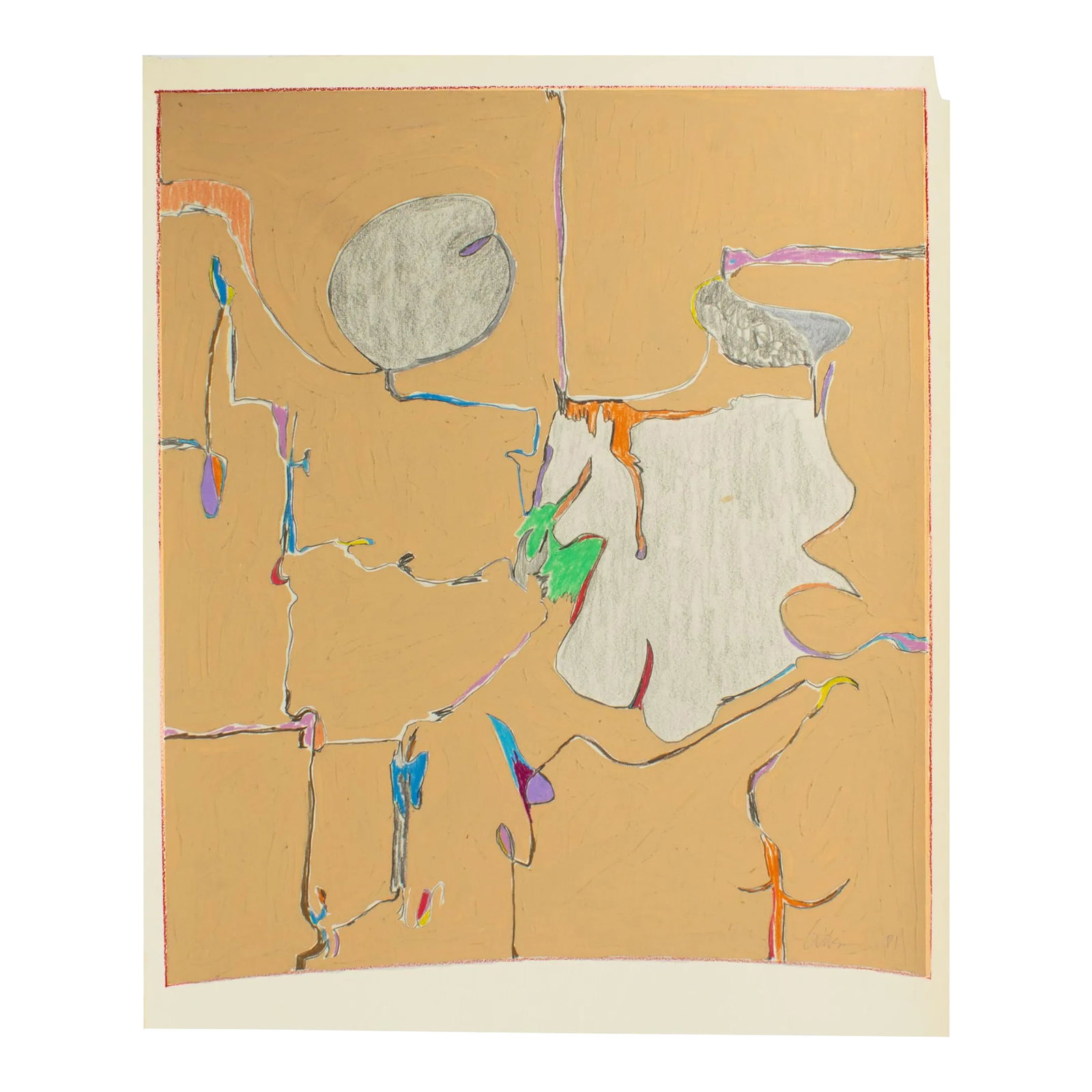 1981 Abstract Mixed Media Painting by Harry Hilson: A 1981 abstract mixed media painting by American artist Harry Hilson (1935-2004). Composed of gouache, graphite, and colored pencil on paper, distinct geometric and biomorphic shapes and lines are