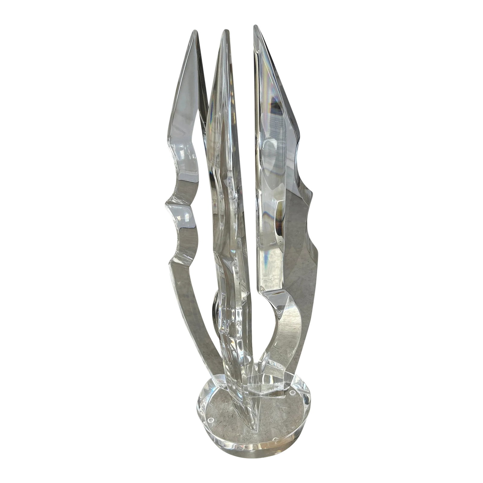 1970s Lucite Curvaceous Abstract Sculpture: Molded lucite abstract sculpture with three protruding sky scraper pieces. Made in the '70s and in mint condition with one dry mark. Condition: Alterations: Original Condition Unaltered