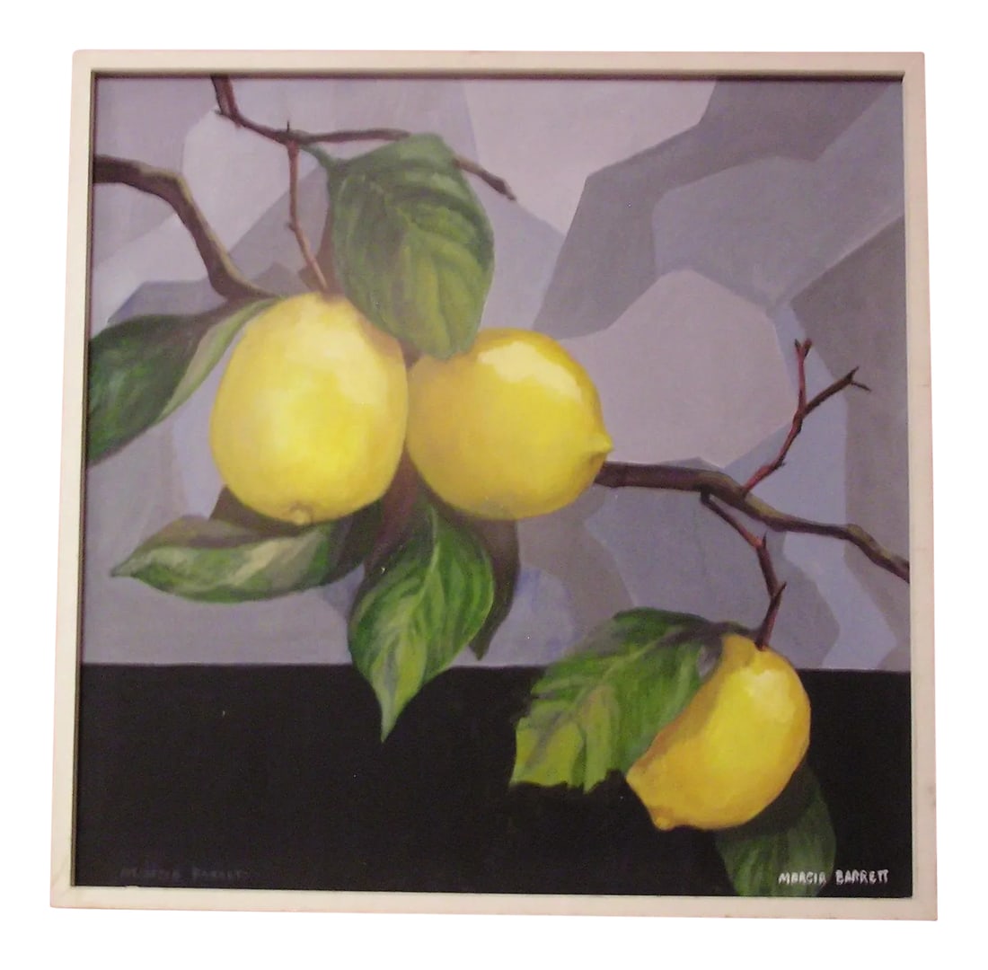 1970's Abstract Expressionism Cubism "Lemons" Oil Painting by California Artist Marcia Barrett: An original oil painting by known California artist Marcia Barrett, "Lemons" is presented in a simple white frame. Barrett specializes in still life and has been experiencing increasing popularity as 
