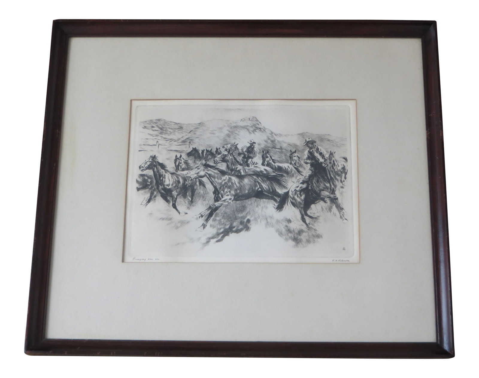 Early 20th Century Antique R.H.Palenske Original Etching: This is an original etching by R.H.Palenske, (1884-1954) reproduced in talio chrome called, "Bringing 'Em In" is depicting scenes of outdoor life. Frame measures 16.5" high x 19" wide; inside the prin