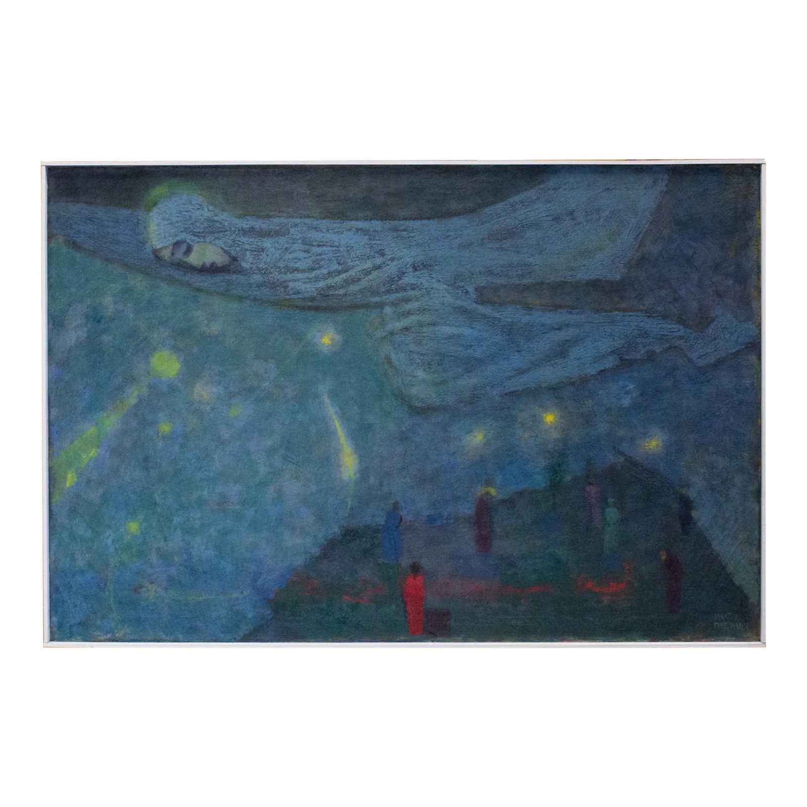 "The Angel" Oil on Canvas Abstract Painting by Martin Friedman: An oil on canvas painting titled The Angel by the Hungarian-American artist Martin Friedman (1896-1981). This vibrant abstract oil painting features a peaceful landscape with colorful orbs seeming to