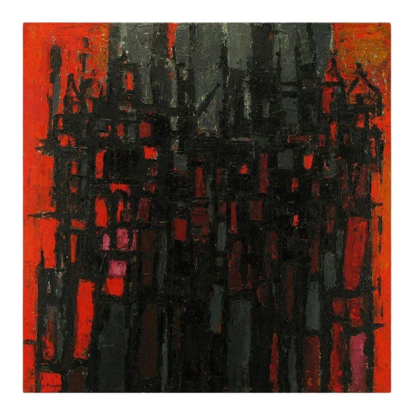 Constantine Pougialis, Large and Abstract Oil Painting: Large and vibrantly colored in orange, red, fuschia, gray and black, abstract expressionistic oil on canvas by listed Greek-American artist, Constantine Pougialis. Constantine Pougialis (1894-1985)