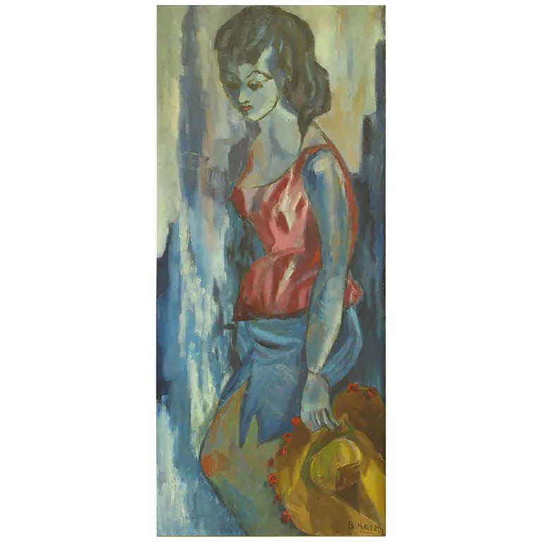 Blue Woman With Hat Oil on Canvas by B. Maltz: Oil on canvas of a blue woman wearing a red top, holding a Mexican hat. Painted in the expressionistic style. Rustic wood frame, signed B. Maltz, 1957. Framed size: 41" H x 21" W x 2" D Condition: