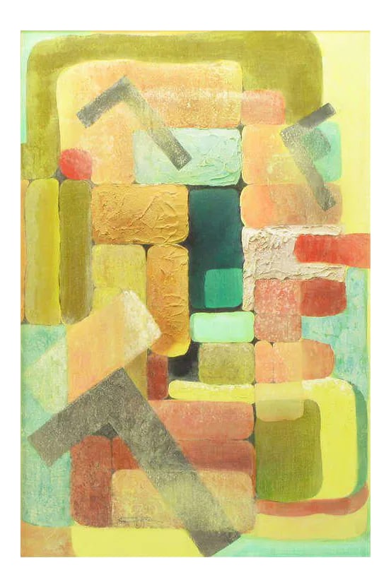 Abstract Relief Cubist Inspired Mixed Media on Canvas: Brightly colored cubist inspired mixed media painting with relief impasto mixed with a sand like element. Framed in a gilt frame with linen and gilt beveled mats or inner frames. Signed Gretchen.