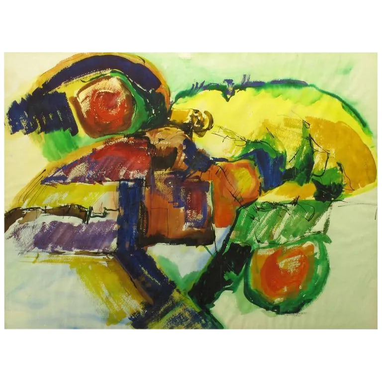Anne Jansen Water Color and Ink Abstract Painting, Circa 1970: Mixed medium abstract painting on water color paper by Anne Jansen, dated 1970. Color pallet of mostly primaries in blue, yellow, green and red. The addition of ink and acrylic adds depth to the