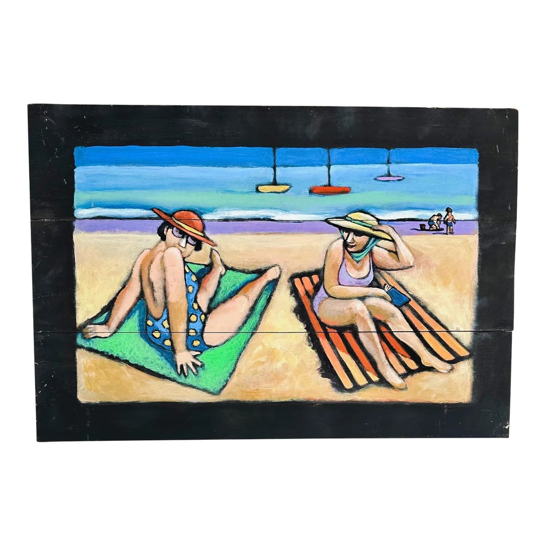Abstract Impressionist Beach Scene Painting, School of Alfred Chadbourn, American.: Abstract Impressionist Beach Scene Painting, School of Alfred Chadbourn, American. Figurative painting of two sunbathers on the beach. The colorful image is reminiscent of the work of Alfred