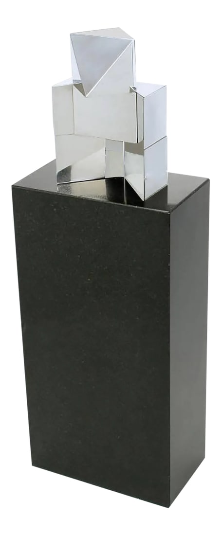 Chrome Cubist Sculpture on Black Granite Pedestal (1 of 7)