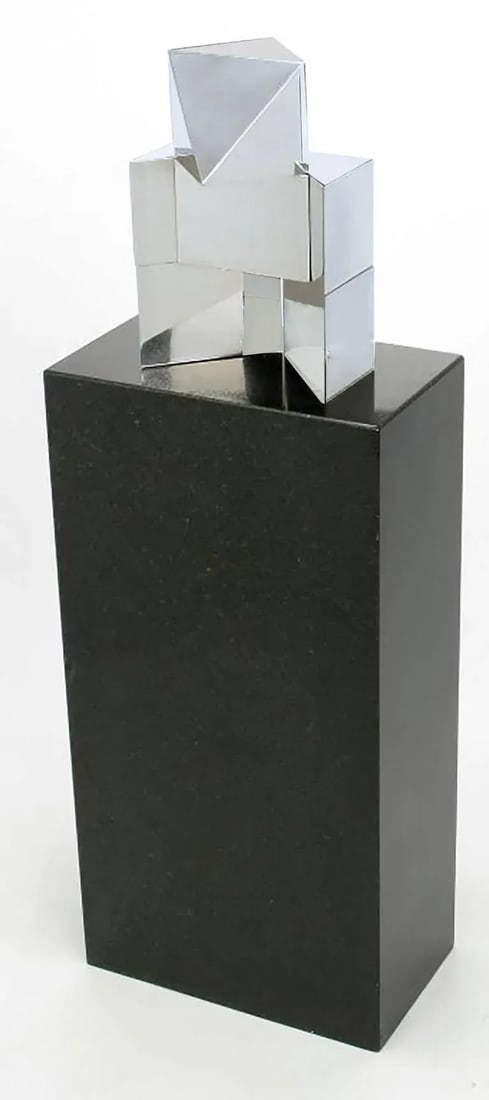 Chrome Cubist Sculpture on Black Granite Pedestal - 2