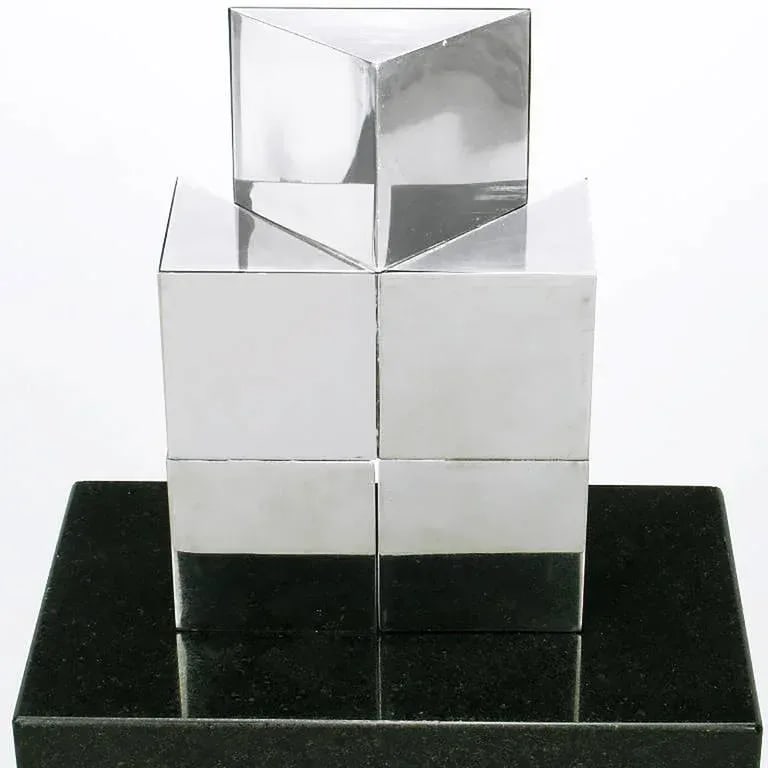 Chrome Cubist Sculpture on Black Granite Pedestal - 4