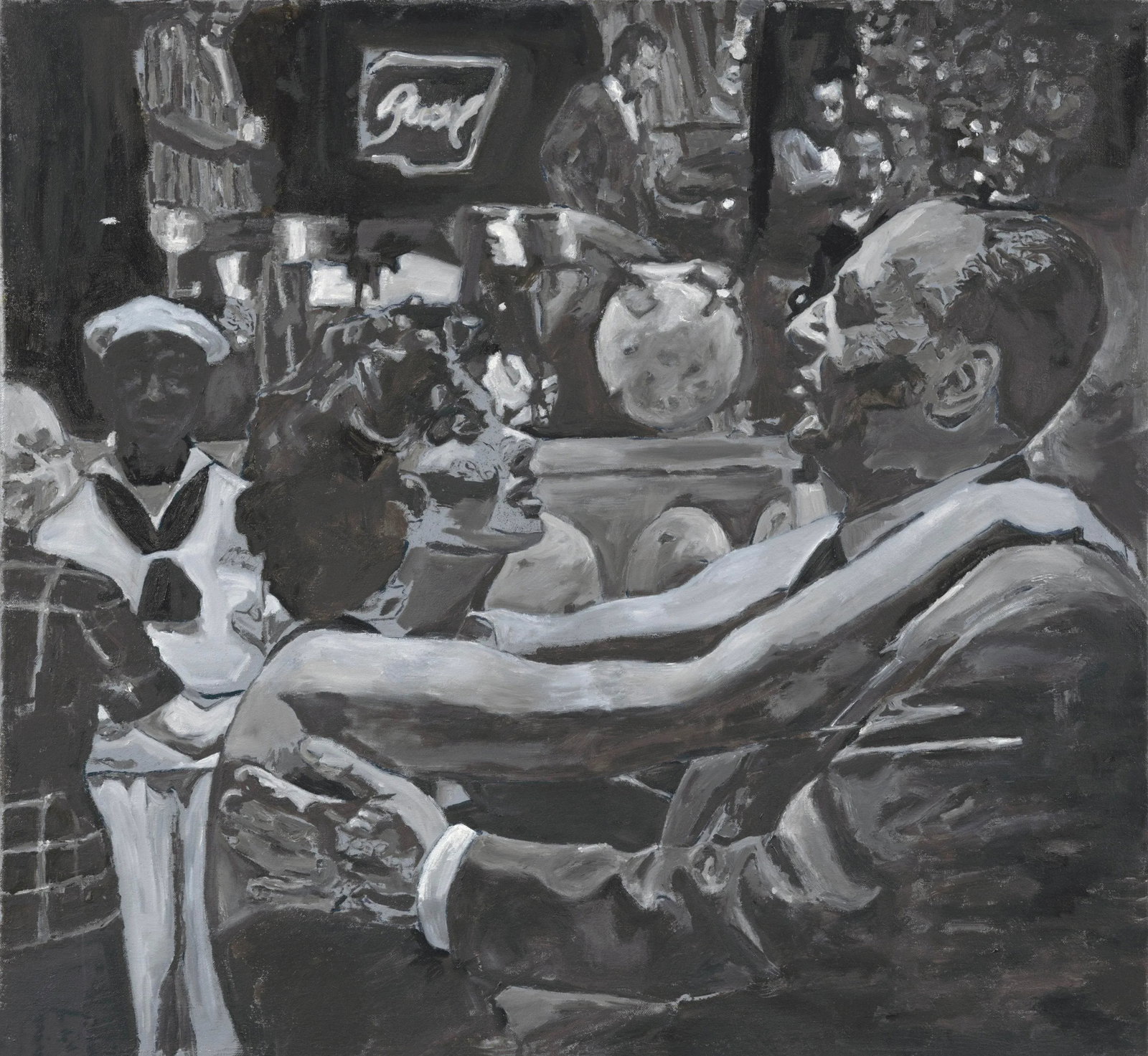 Fellini Dancers Grey Painting by Regina Gately: This painting is a scene from Fellini's La Dolce Vita. It is painted with different black whites and grays. The energy of the scene is painted almost like a tattoo on the woman's/man's face.