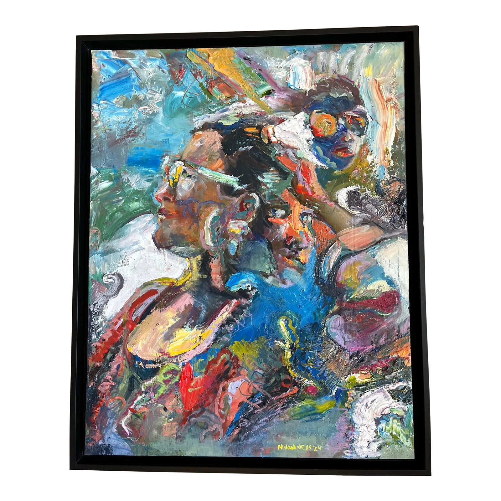 "Keep Your Chin Up", Oil Painting, Frame, by Van Ness: "Keep Your Chin Up", Oil Painting, by Van Ness An abstract oil painting of a woman. Do you see more than one face? 24"x29.5", black floating frame. Ready to hang. As seen in galleries in CA, FL, MO & 