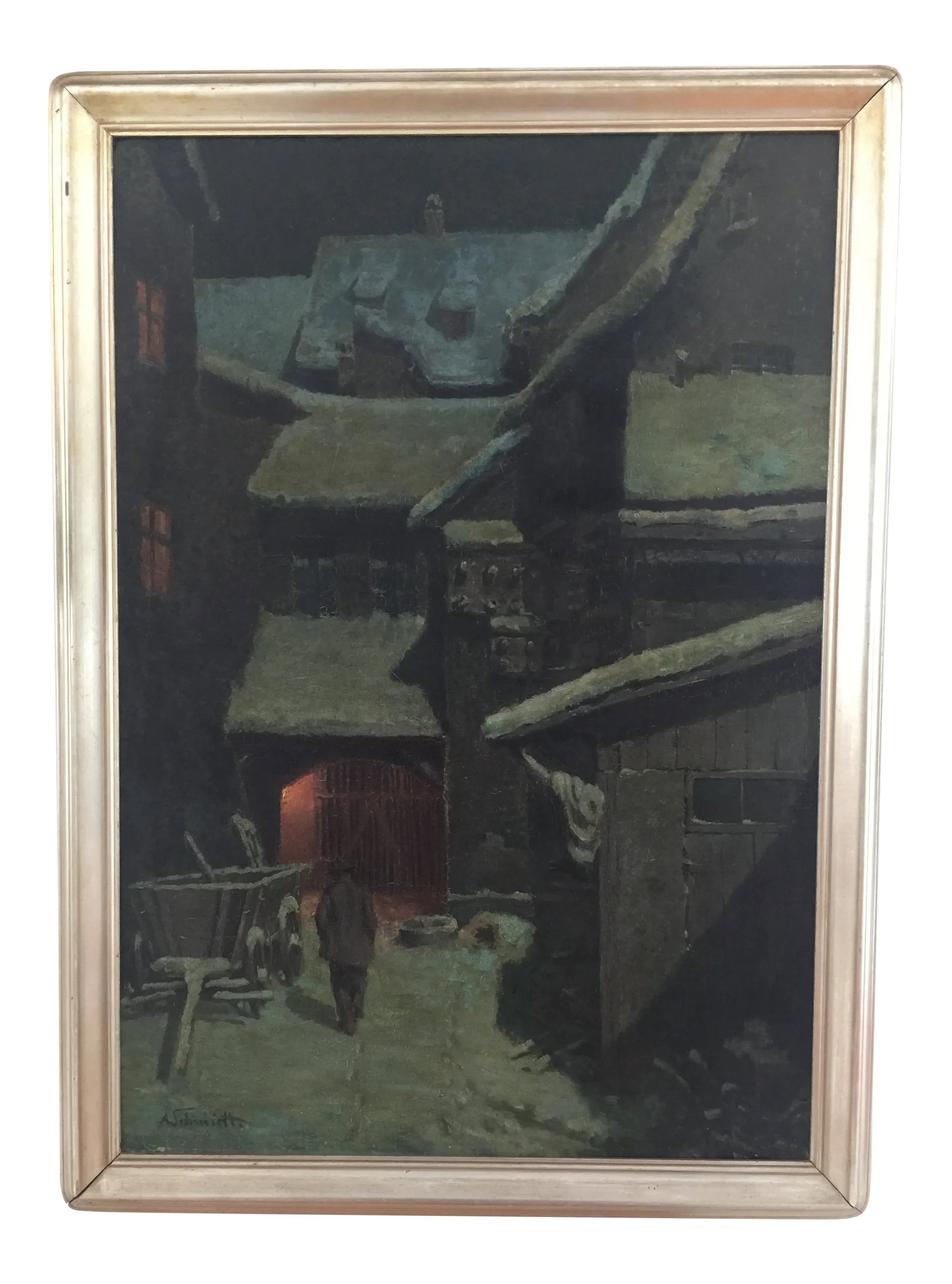 1960s Vintage Albert Schmidt Framed Oil Painting: Albert Schmidt was a Swiss artist painter born in Geneva 1883 -1970 .This beautiful nocturne oil painting is done on canvas board. This painting has small cracks , but the paint do not fell off. The