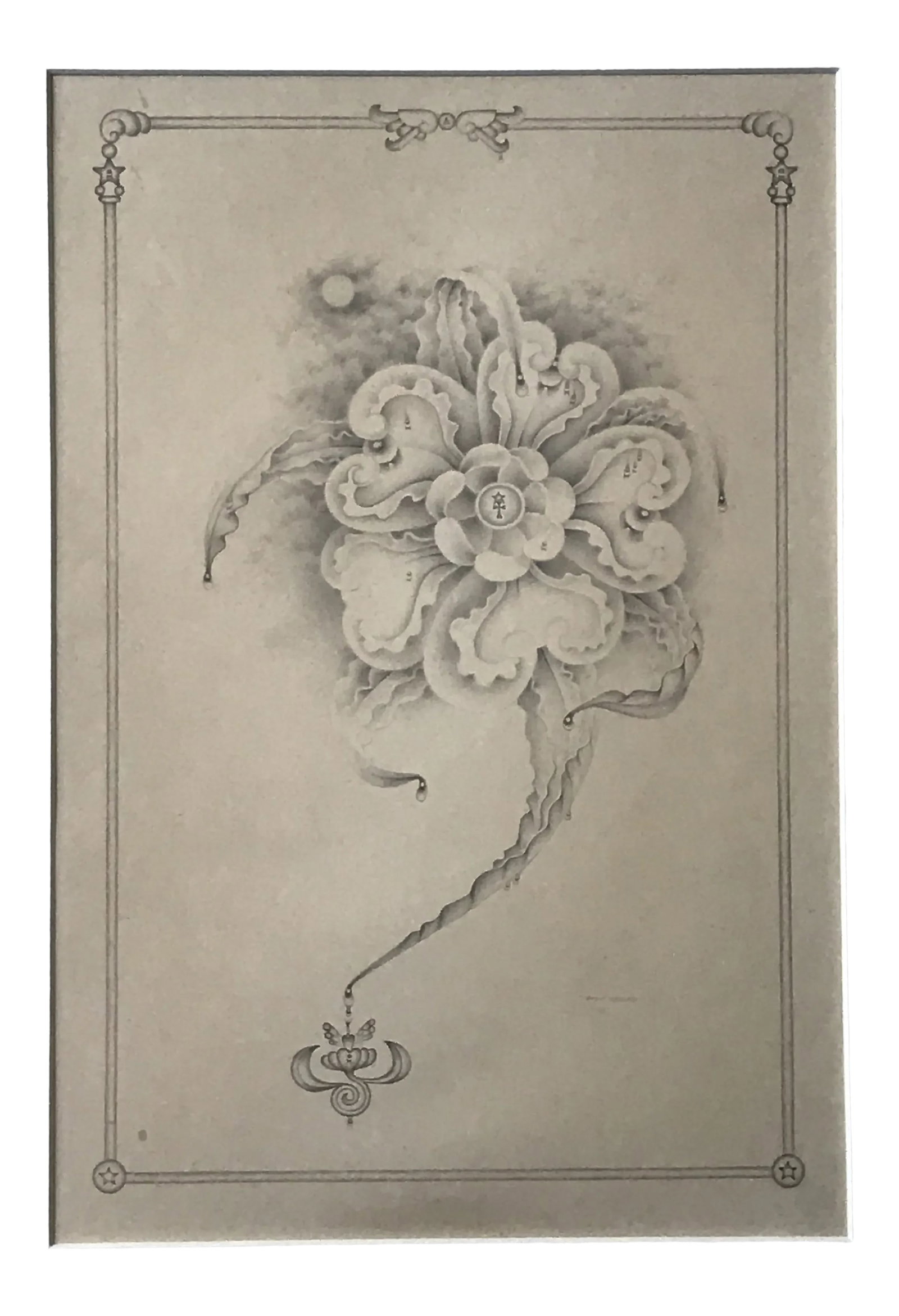 1980s "Magical Flower" Pencil Drawing by Philip Kirkland: An original work by famous Artist and Illustrator Philip Kirkland in Pencil. Truly fantastic and extremely RARE! In the early 1970s, San Diego artist Phil Kirkland, now 85, created a slew of