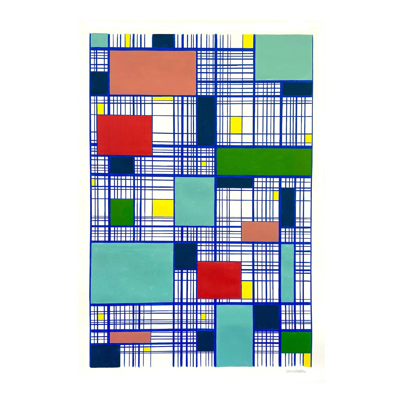 Blue Grid Painting on Paper: This painting on paper features a grid design made with cobalt blue color pencil lines with blocks of dark blue, salmon, green, yellow and red paint in spaces on the grid. A bold statement for your