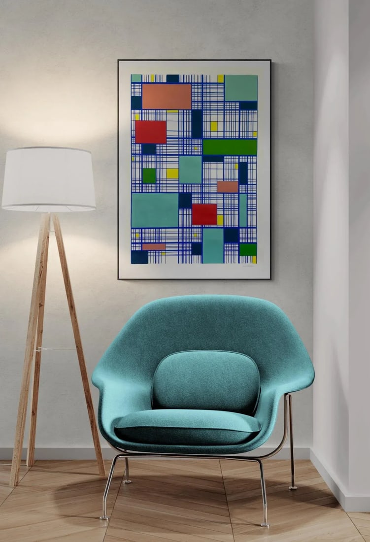 Blue Grid Painting on Paper - 4