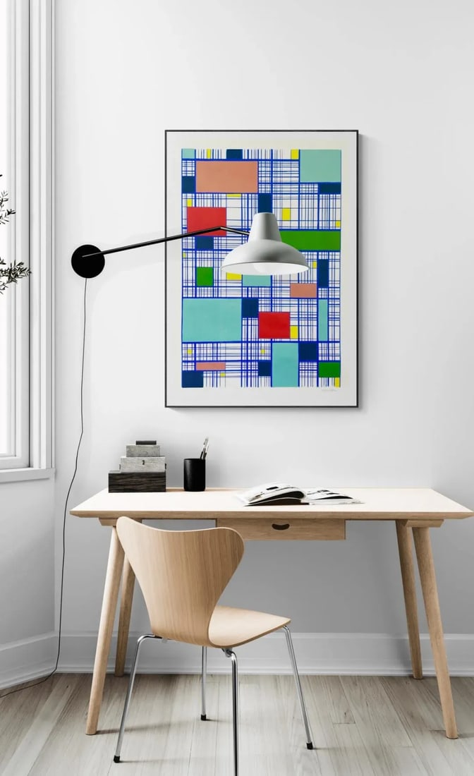 Blue Grid Painting on Paper - 5