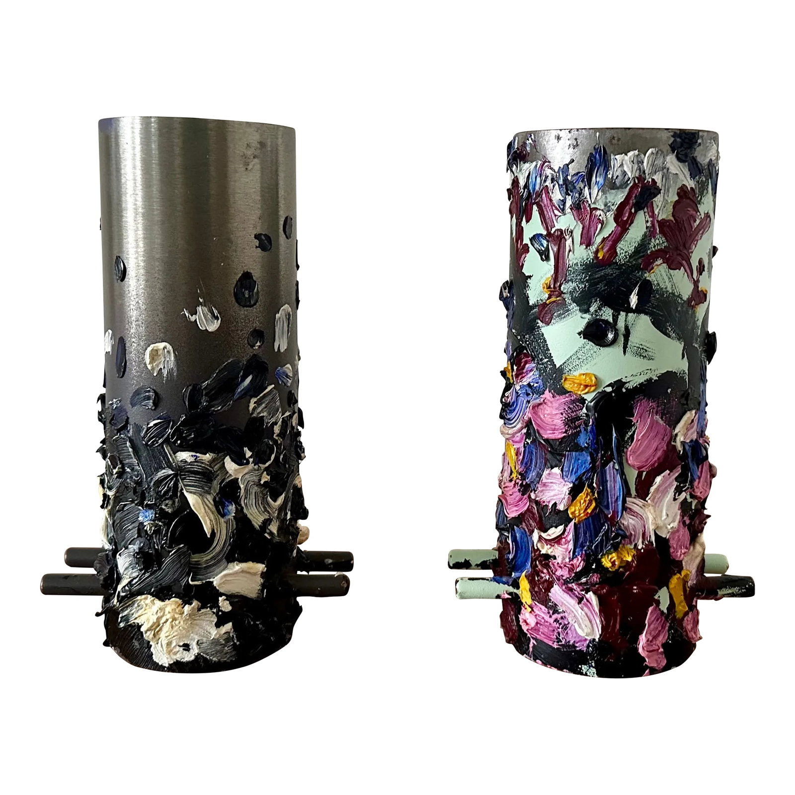 Edward Granger Steel Art Sculpture "Flowers" Modern Abstract Expressionism Pop Art: Unique two-part sculpture work by artist Edward Granger, from the "Flowers" series. Hand-Painted Steel Cylinders Excellent condition. Sold as one pair. Edward Granger's vibrant canvases and