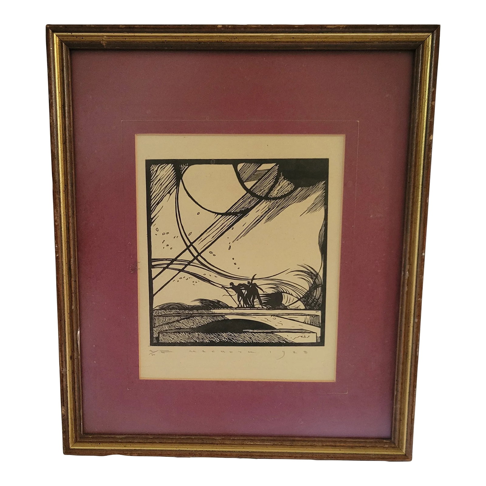 1920s Art Deco Woodblock Print by Edward Gordon Craig, Framed: Woodblock Print by Edward Gordon Craig. From England, He was well known for his woodblock prints as well as his theatrical productions. This beautiful print measures only 11"*13" including Frame. Unde