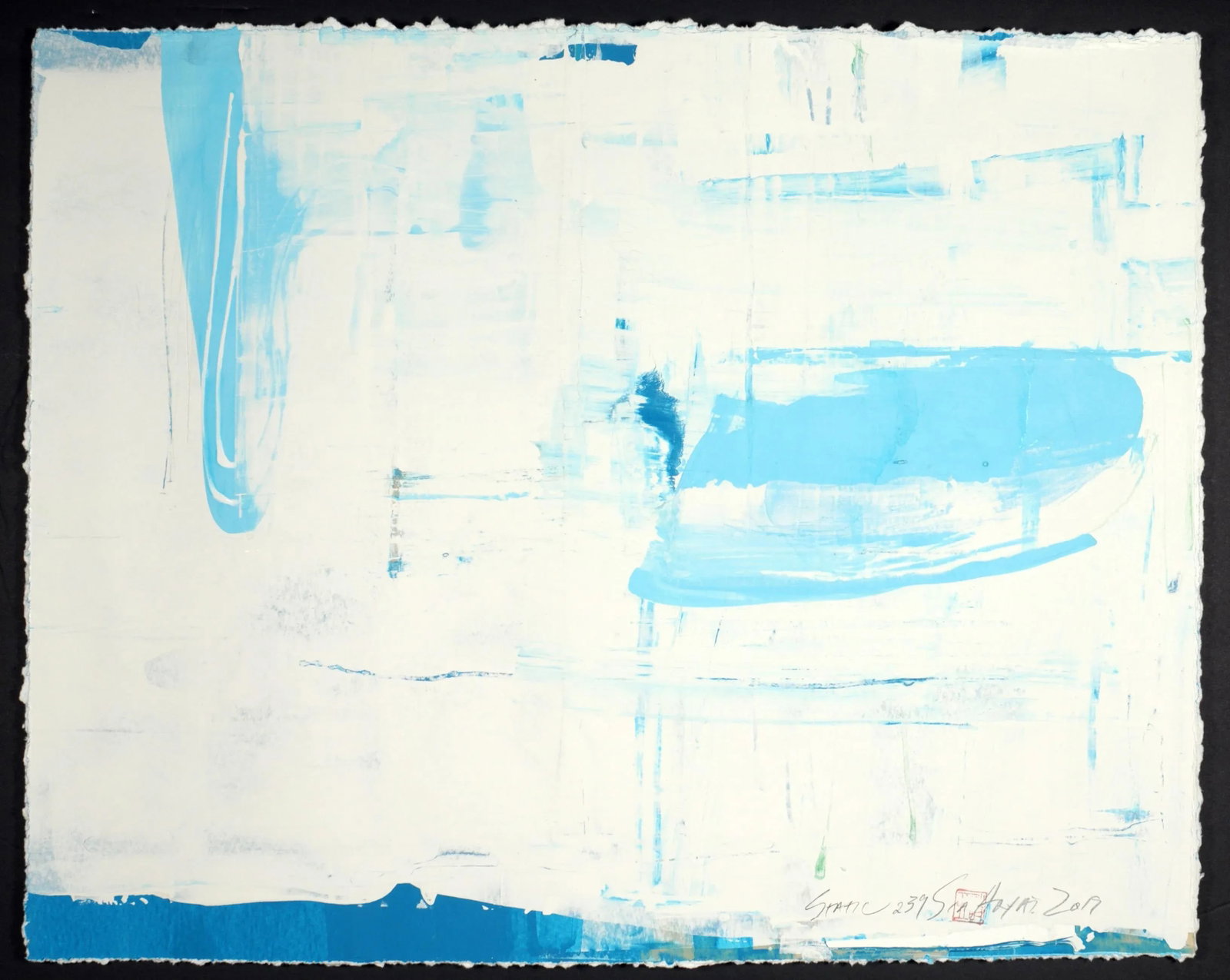 Static 239 Contemporary Abstract Painting: White is the color of new beginning, growth and creativity. This acrylic painting is 18X22"heavyweight stock comes float mount custom-framed in a 20X28X1.2" white shadow box Signed, dated and stamped