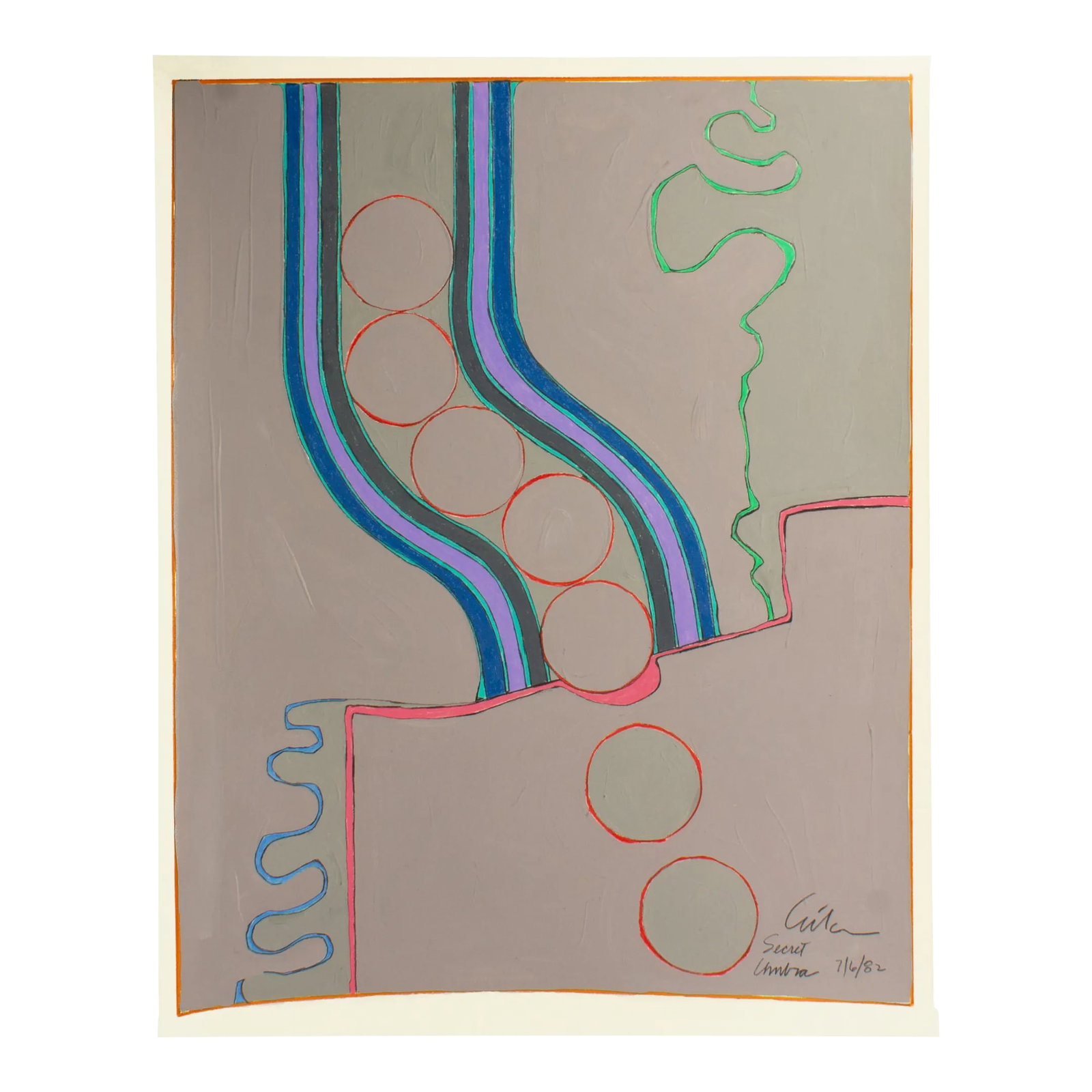1982 "Secret Umbra" Abstract Mixed Media Painting by Harry Hilson: A 1982 abstract mixed media painting by American artist Harry Hilson (1935-2004) titled, "Secret Umbra." Composed of gouache, graphite, and colored pencil on paper, abstract lines and circular shapes 