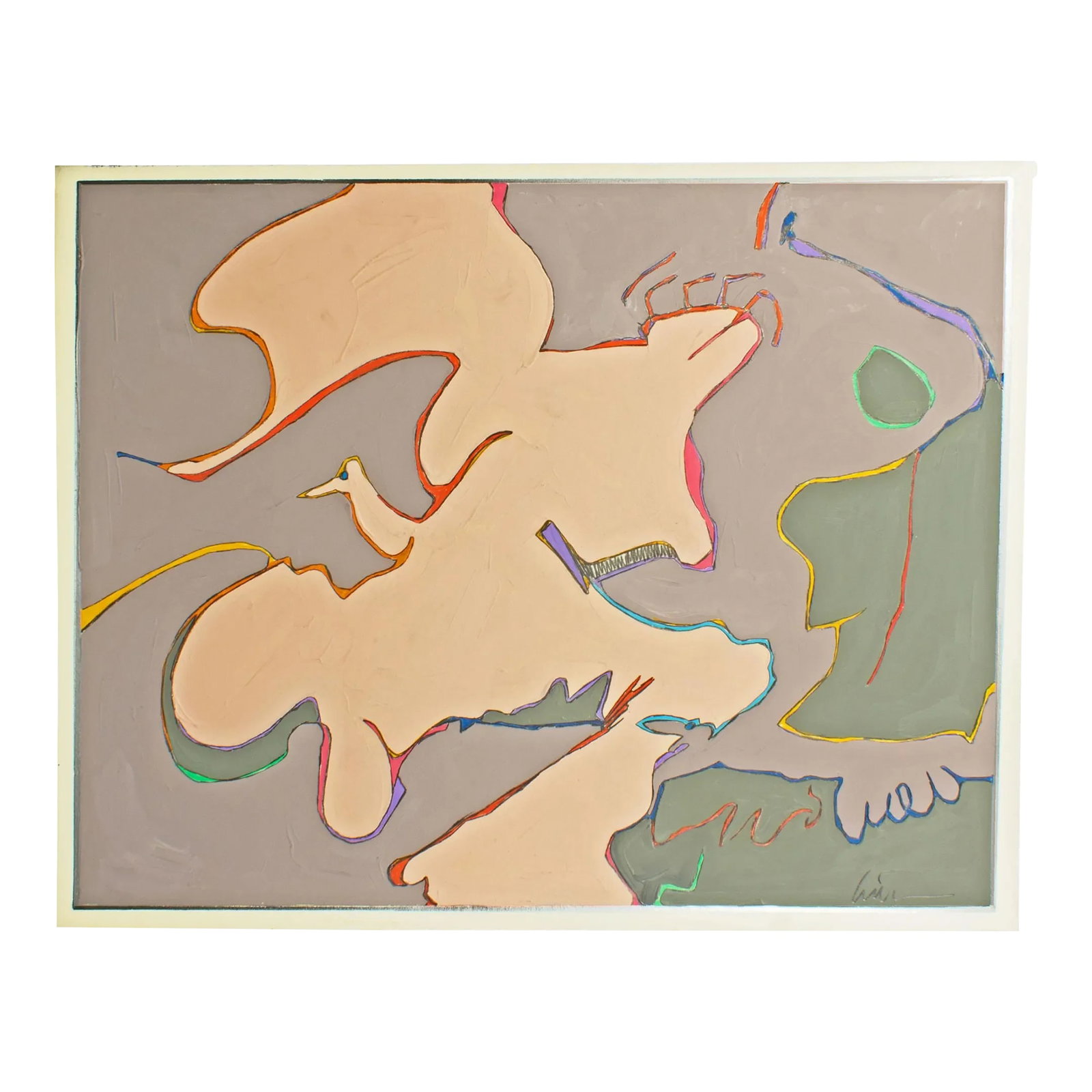 1980s "Flamingo" Abstract Mixed Media Painting by Harry Hilson: A 1980s abstract mixed media painting by American artist Harry Hilson (1935-2004) titled, Flamingo. Composed of gouache, graphite, and colored pencil on paper, abstract lines and biomorphic shapes ill