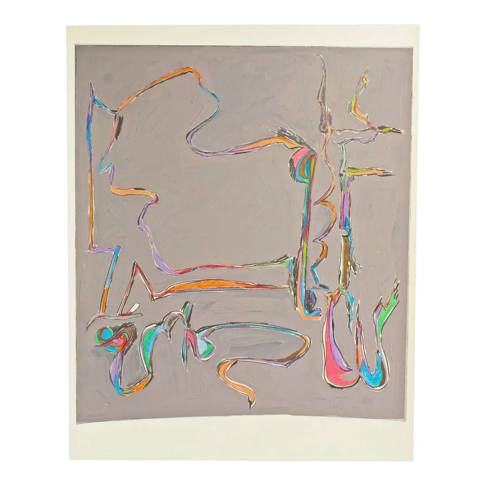1981 Abstract Mixed Media Painting by Harry Hilson: A 1981 abstract mixed media painting by American artist Harry Hilson (1935-2004). Composed of gouache, graphite, and colored pencil on paper, distinct geometric and biomorphic shapes and lines are