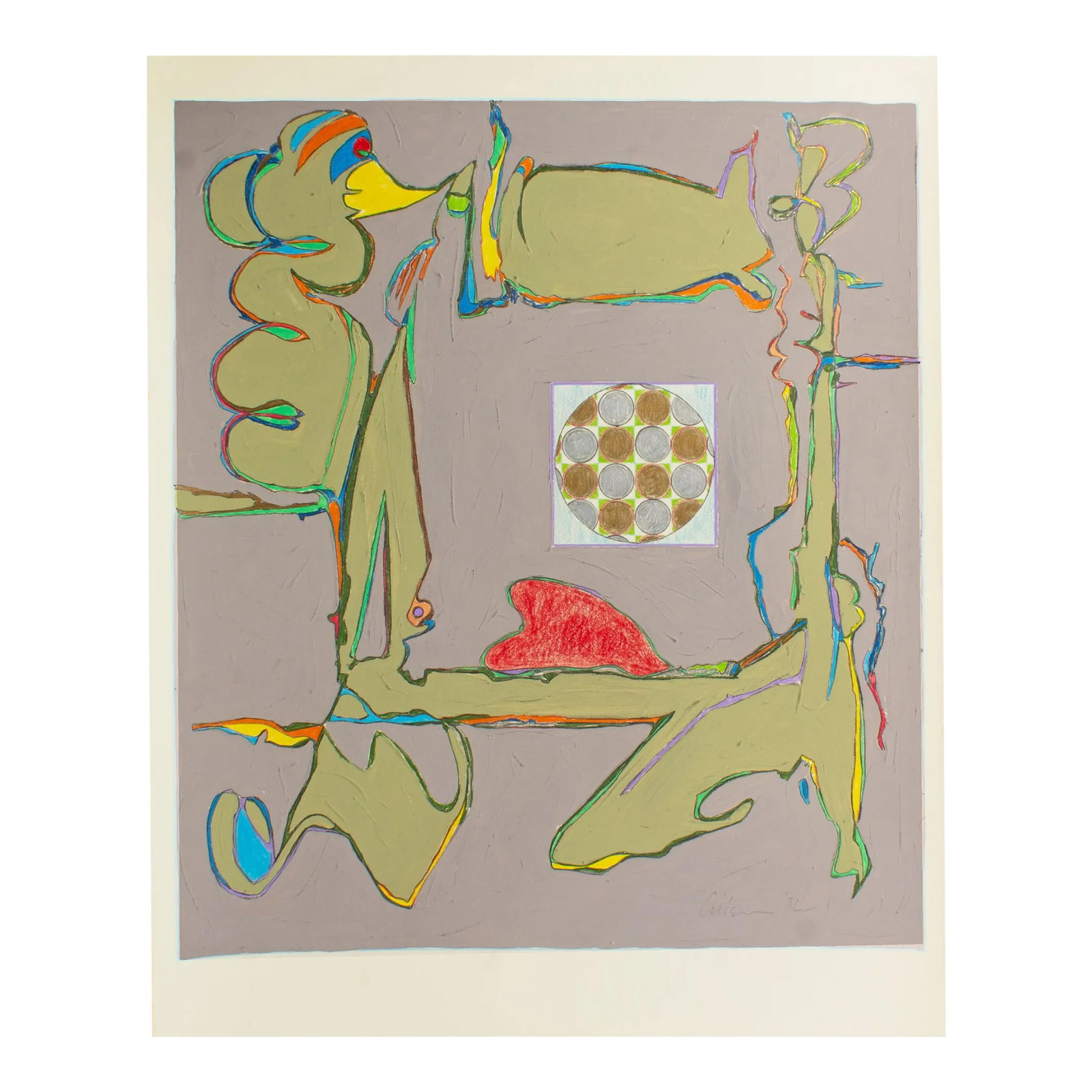 1981 Abstract Mixed Media Painting by Harry Hilson: A 1981 abstract mixed media painting by American artist Harry Hilson (1935-2004). Composed of gouache, graphite, and colored pencil on paper, abstract lines in vibrant colors illustrate stylized birds