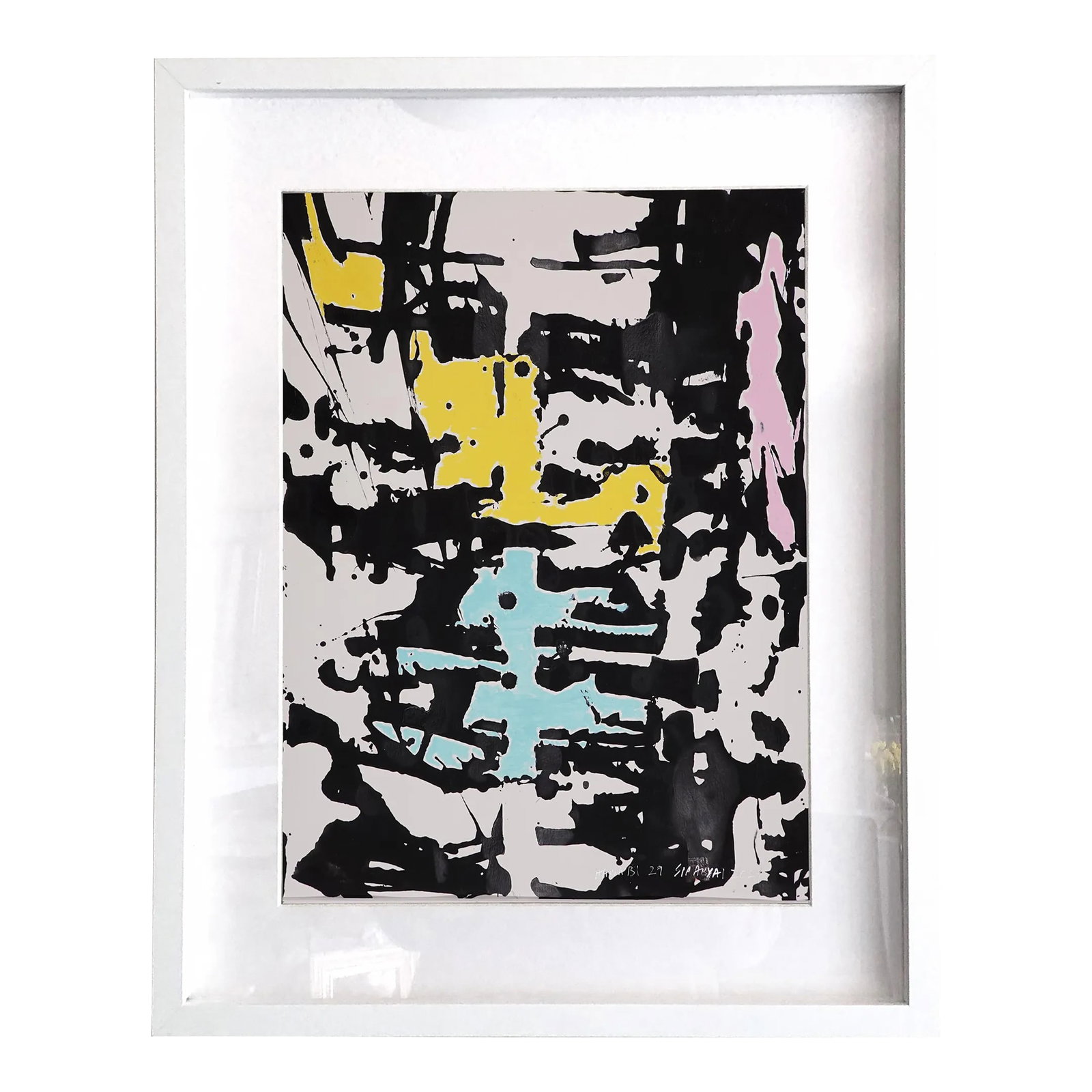 "Hanabi. 29" Framed Abstract Yellow, Pink/Gray Painting: It is the bold streak of gray tones and asymmetric composition, this painting adds a cool-hued abstract look to your space. this piece features overlapping streaks of baby blue, yellow, and pink