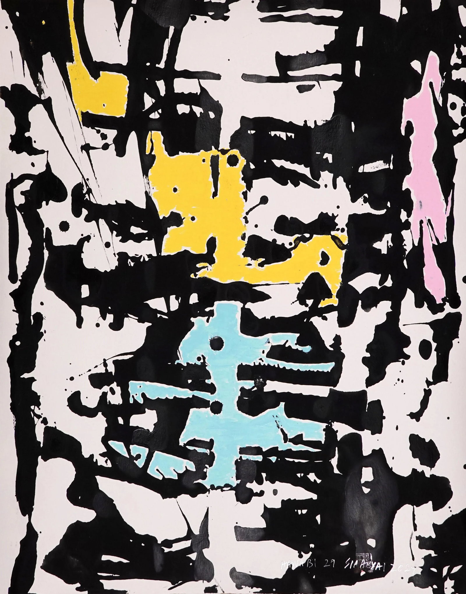 "Hanabi. 29" Framed Abstract Yellow, Pink/Gray Painting - 2
