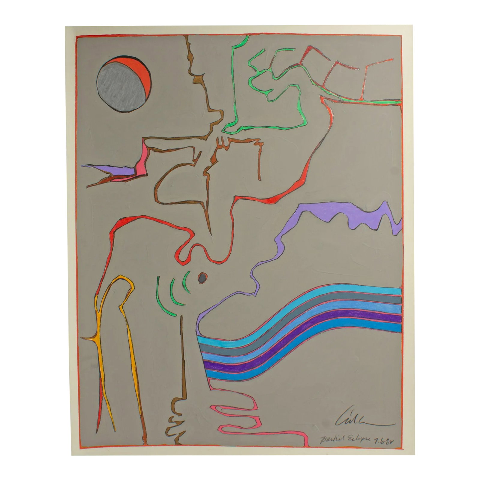 1982 "Partial Eclipse" Mixed Media Painting by Harry Hilson: A 1982 abstract mixed media painting by the American artist Harry Hilson (1935-2004). Titled Partial Eclipse, this abstract work features a gray gouache background punctuated by bright neon colored pe