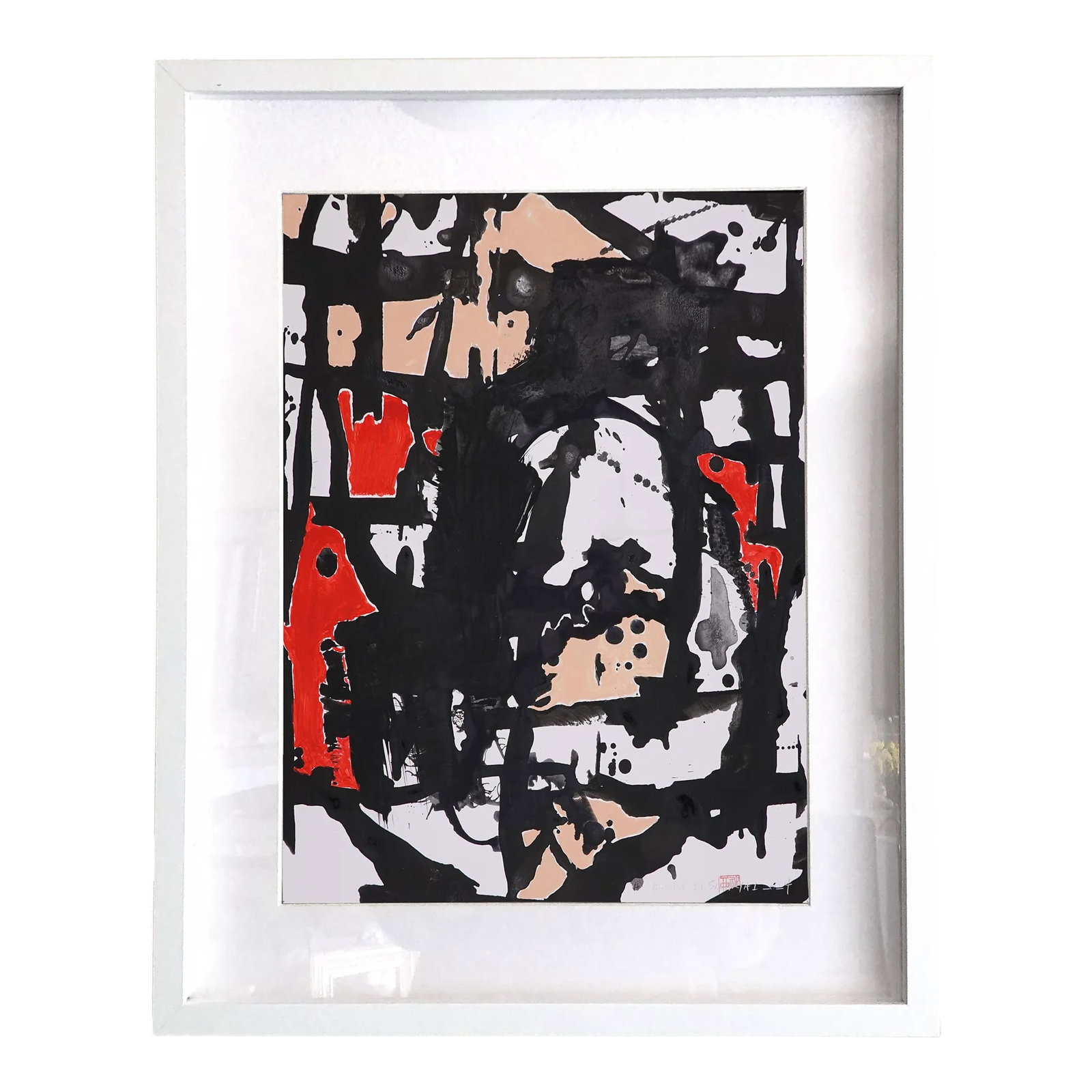 "Hanabi. 31" White Framed Red and Pink/Gray Painting: It is the bold streak of gray tones and asymmetric composition, this painting adds a cool-hued abstract look to your space. this piece features overlapping streaks of baby blue, and pink tones for a