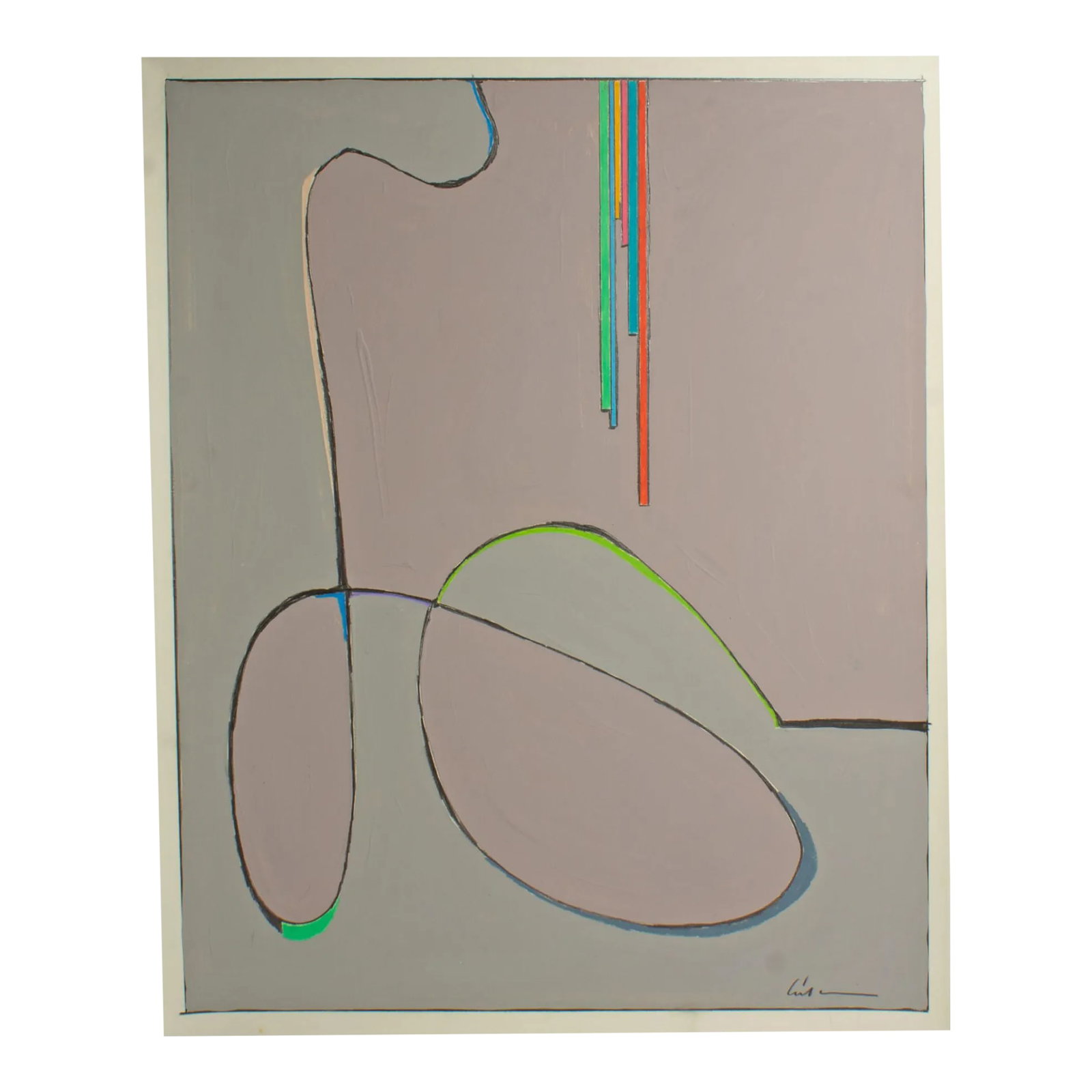 1980s Abstract Mixed Media Painting by Harry Hilson: An abstract mixed media painting by the American artist Harry Hilson (1935-2004). This abstract work features a gray and light purple gouache background punctuated by a bright neon colored loop