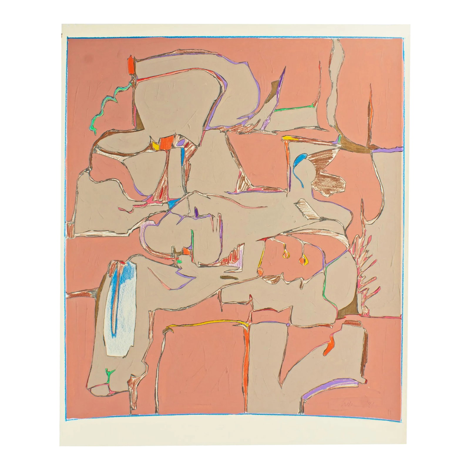 1981 Abstract Mixed Media Painting by Harry Hilson: A 1981 abstract mixed media painting by American artist Harry Hilson (1935-2004). Composed of gouache, graphite, and colored pencil on paper, distinct geometric and biomorphic shapes and lines are