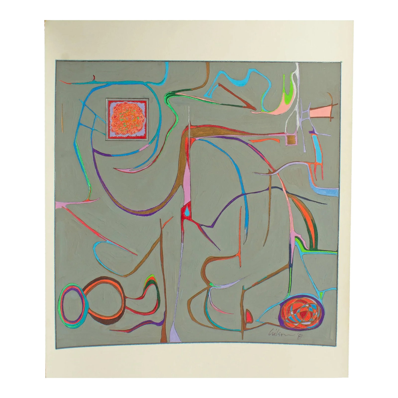 1981 Abstract Mixed Media Painting by Harry Hilson: A 1981 abstract mixed media painting by the American artist Harry Hilson (1935-2004). This abstract work features a gray gouache background punctuated by biomorphic and geometric shapes outlined in br