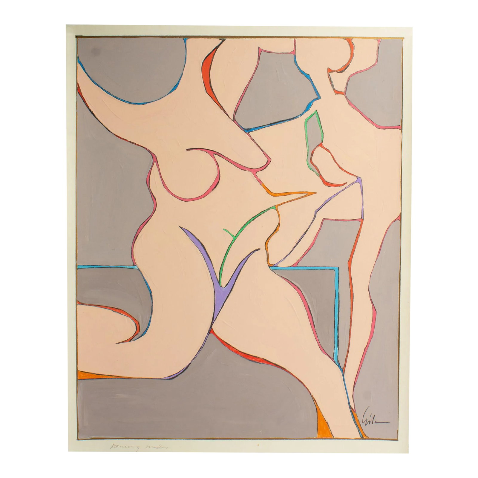 1980s "Dancing Nudes" Abstract Mixed Media Painting by Harry Hilson: An abstract mixed media painting titled, Dancing Nudes, by the American artist Harry Hilson (1935-2004). This abstract painting depicts two dancing nudes outlined in colored pencil upon a purple-gray