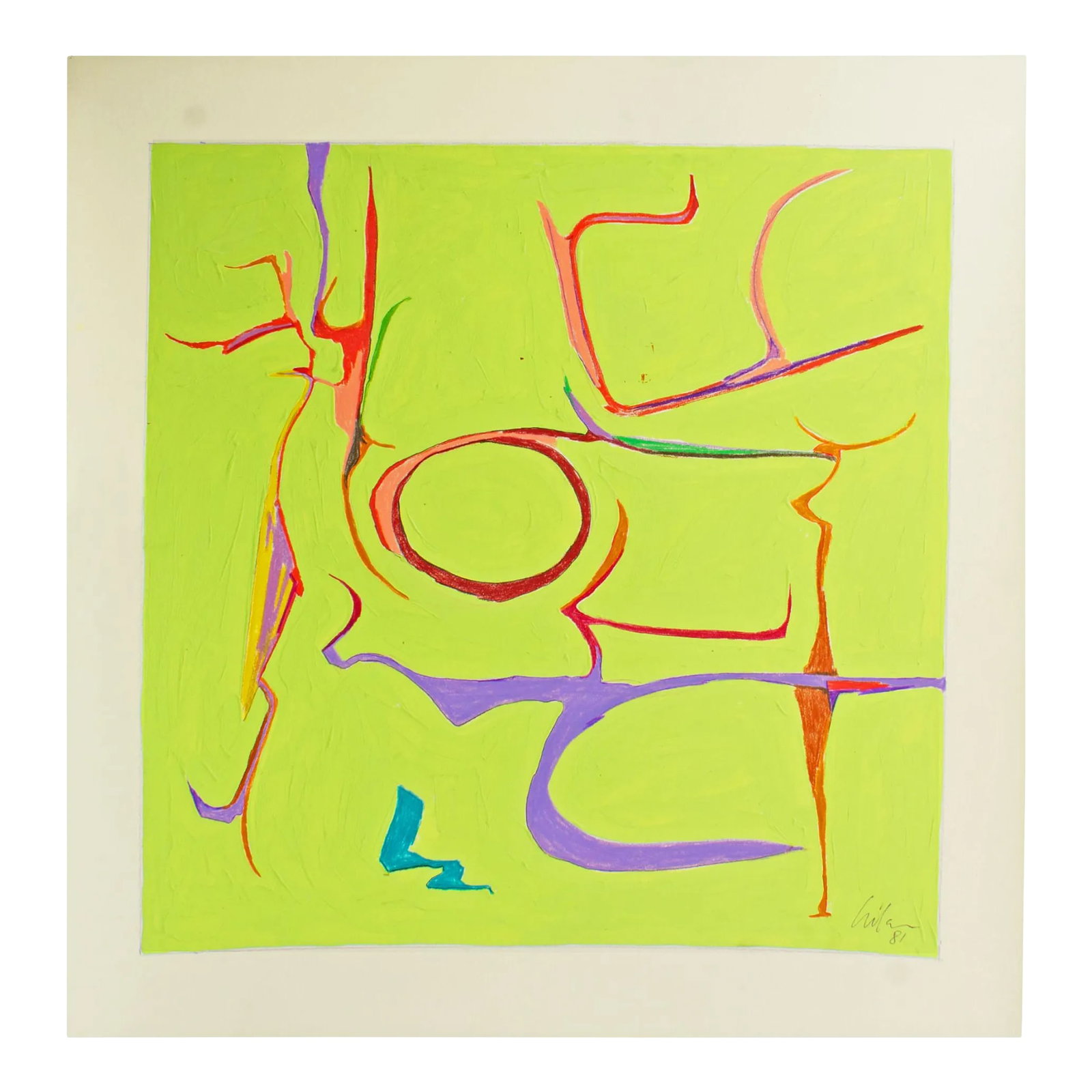 1981 Abstract Mixed Media Painting by Harry Hilson: A 1981 abstract mixed media painting by American artist Harry Hilson (1935-2004). Composed of gouache and colored pencil on paper, abstract lines in vibrant colors illustrate biomorphic shapes on a li