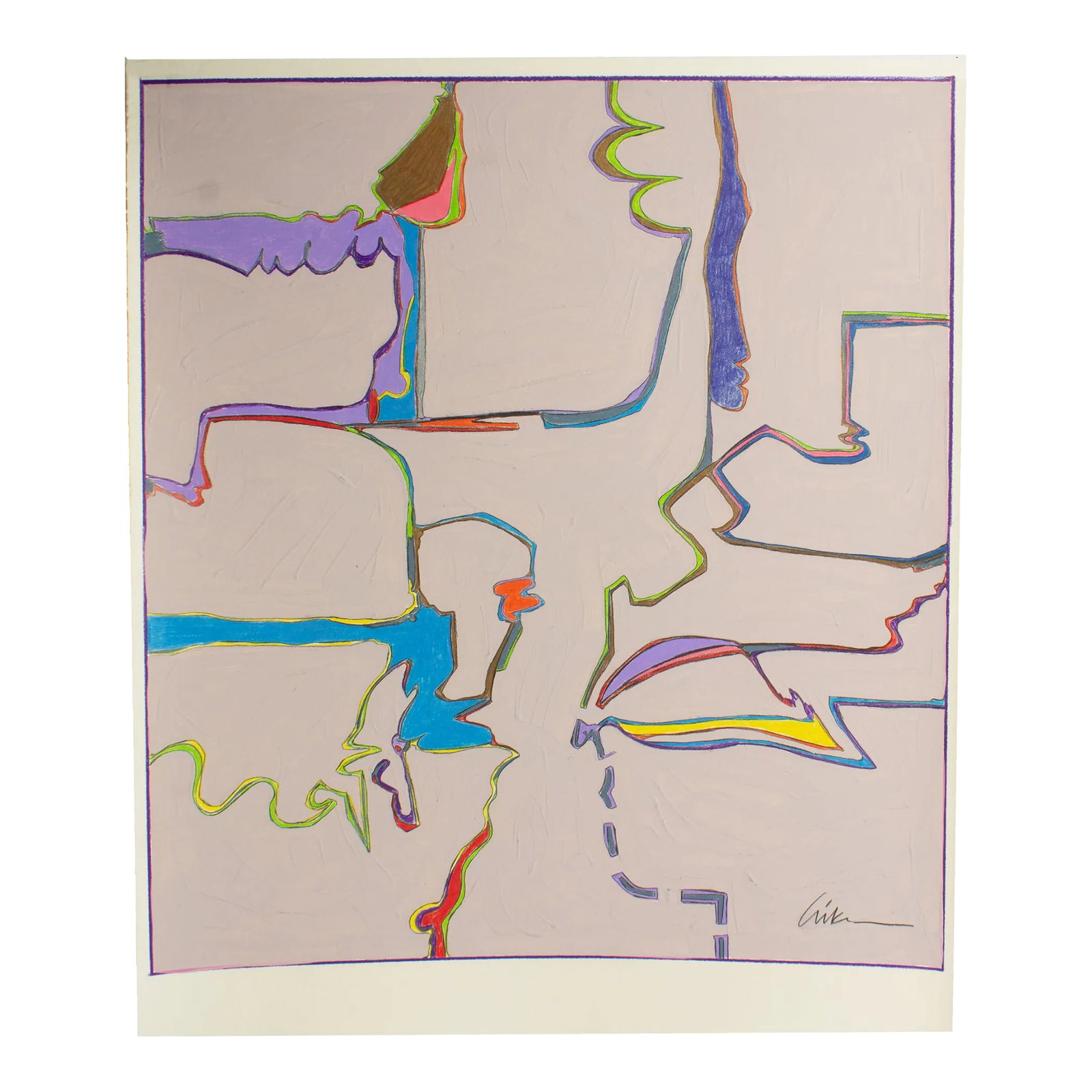 1980s Abstract Mixed Media Painting by Harry Hilson: An abstract mixed media painting in gouache, graphite, and colored pencil by the American artist Harry Hilson (1935-2004). Unframed, this abstract work features a gray background punctuated with vibra