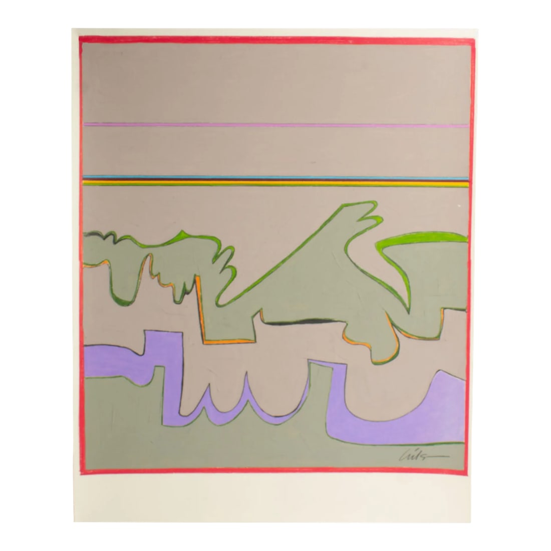 1980s Abstract Mixed Media Painting by Harry Hilson: An abstract mixed media painting by the American artist Harry Hilson (1935-2004). This abstract work features a gray gouache background punctuated by a bright neon colored border. Colorful pencil desi