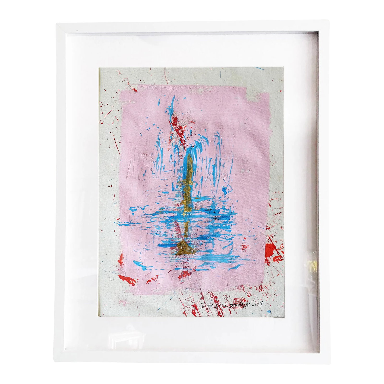 D'or. XVIII Framed Abstract Pink With Gold Leaf Painting: D'OR Abstract gold leaf/ framed painting Gold leaf is brilliant for modern painting. Brings to life elegant details that appear as an icon. Painting is 12X16" bright pink with a dash of gold leaf with