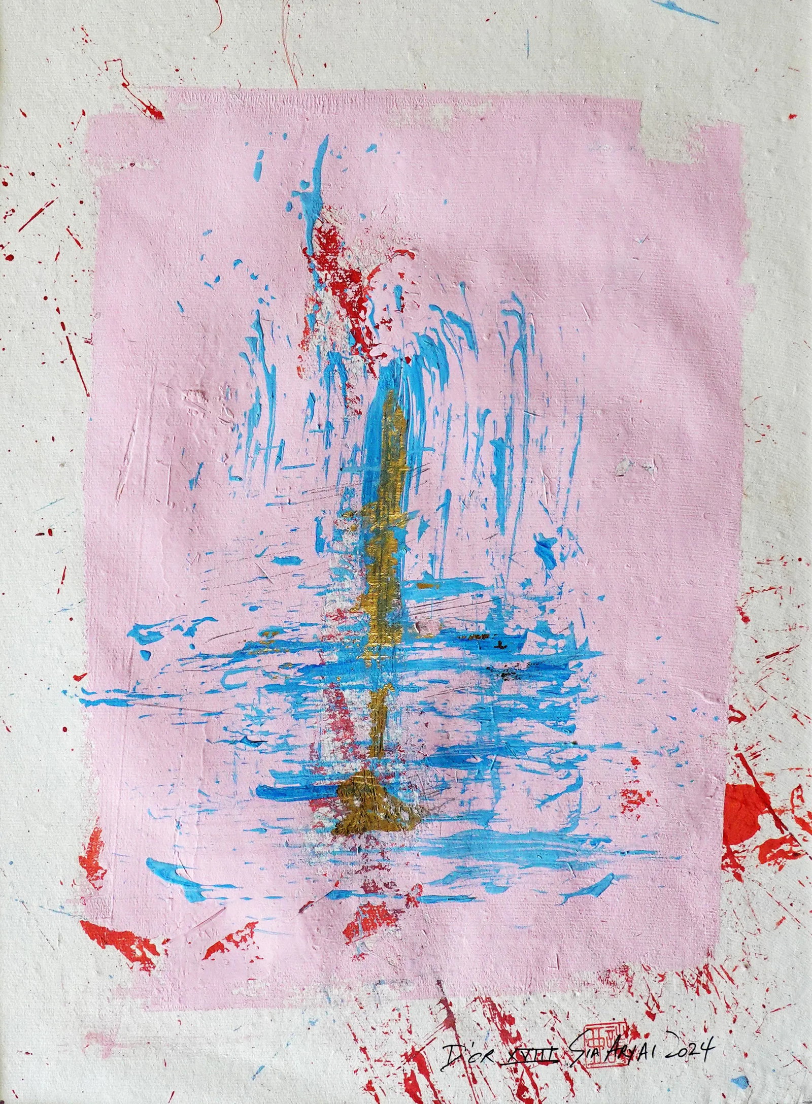 D'or. XVIII Framed Abstract Pink With Gold Leaf Painting - 2