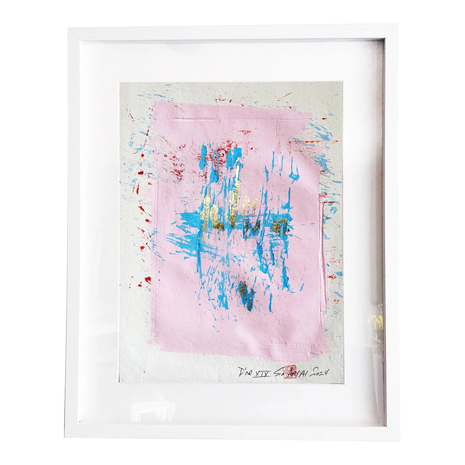 D'or. XIX Framed Abstract Pink With Gold Leaf Painting: D'OR. XIX Framed abstract pink with gold leaf painting Gold leaf is brilliant for modern painting. Brings to life elegant details that appear as an icon. Painting is 12X16" bright pink with a dash of