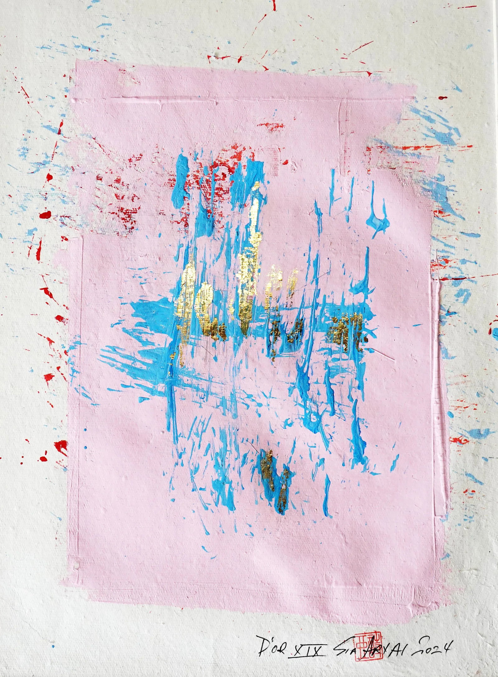 D'or. XIX Framed Abstract Pink With Gold Leaf Painting - 2
