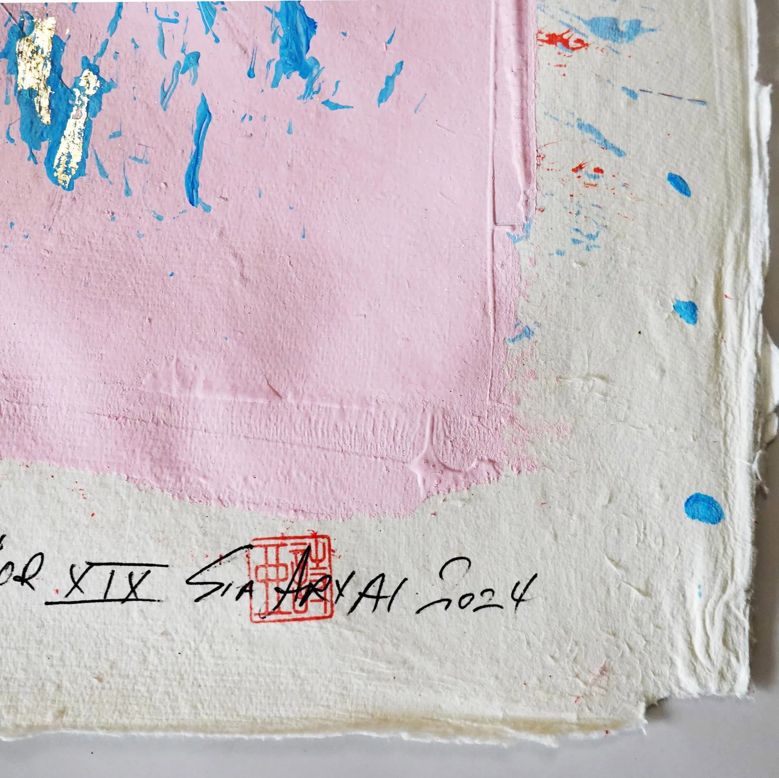 D'or. XIX Framed Abstract Pink With Gold Leaf Painting - 3