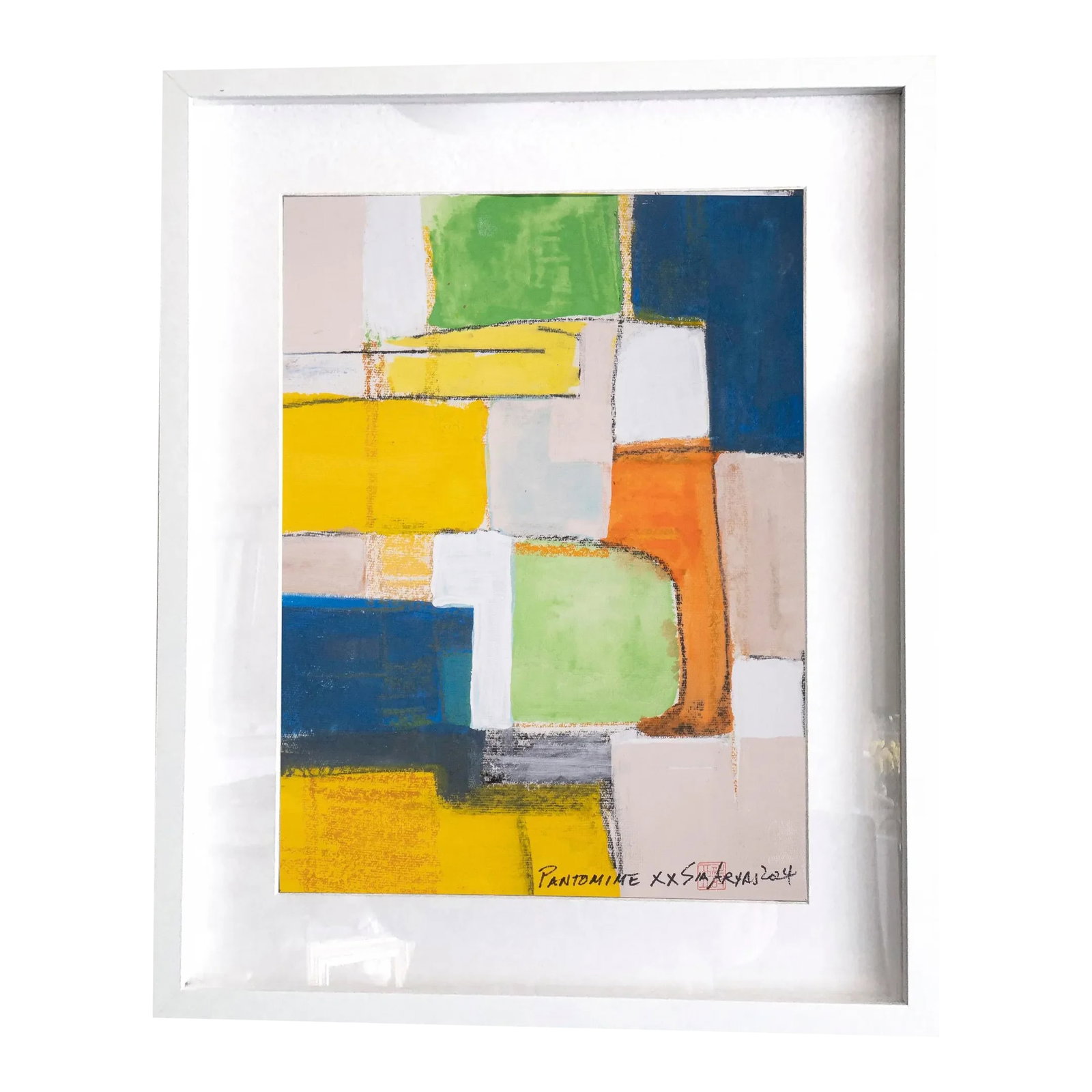 Pantomime. XX White Framed Abstract Vibrant Yellow Painting (1 of 4)