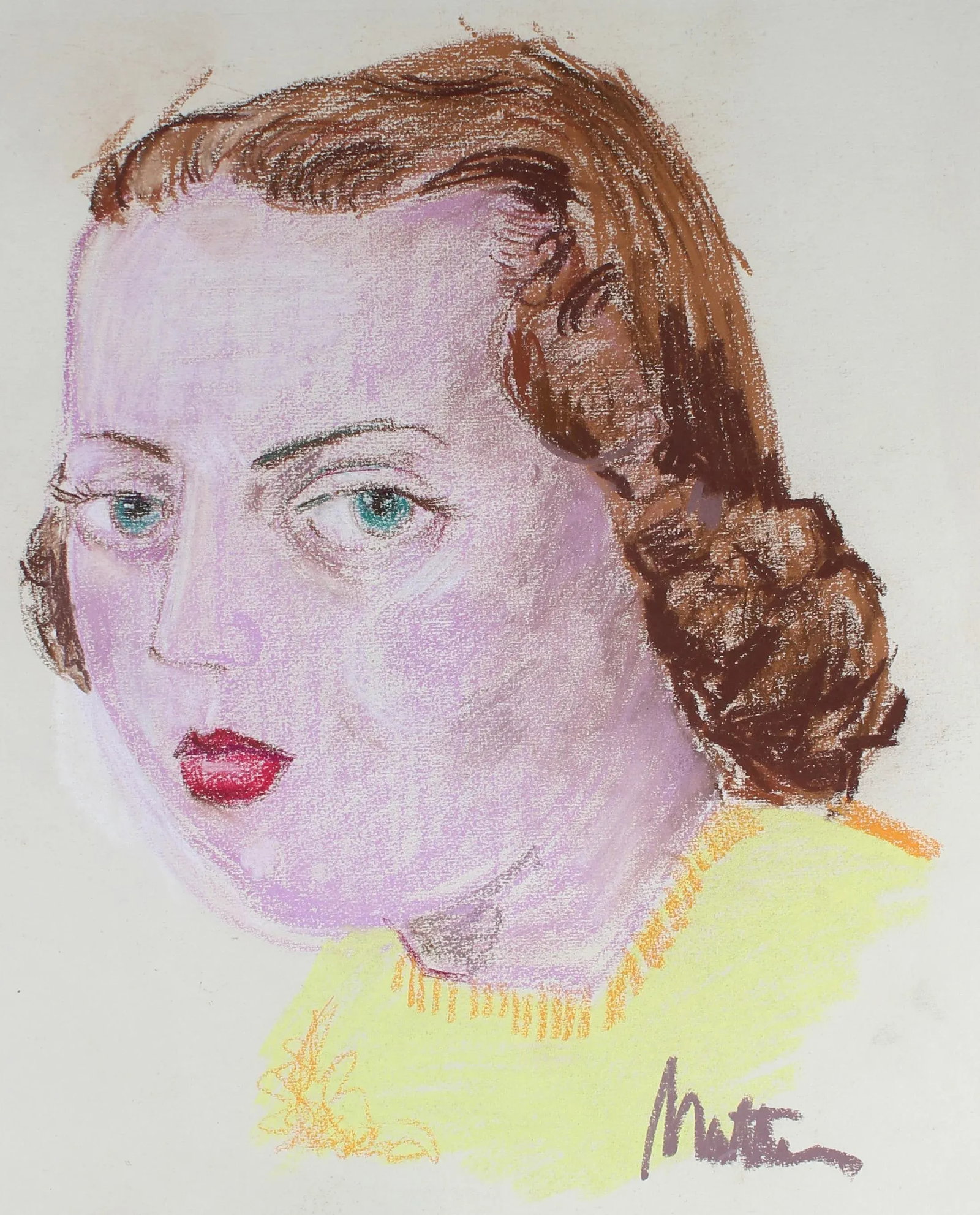 Rip Matteson "Joan B." Portrait Illustration of Girl With Red Lipstick in Pastel, Circa 1945 Circa 1 - 2
