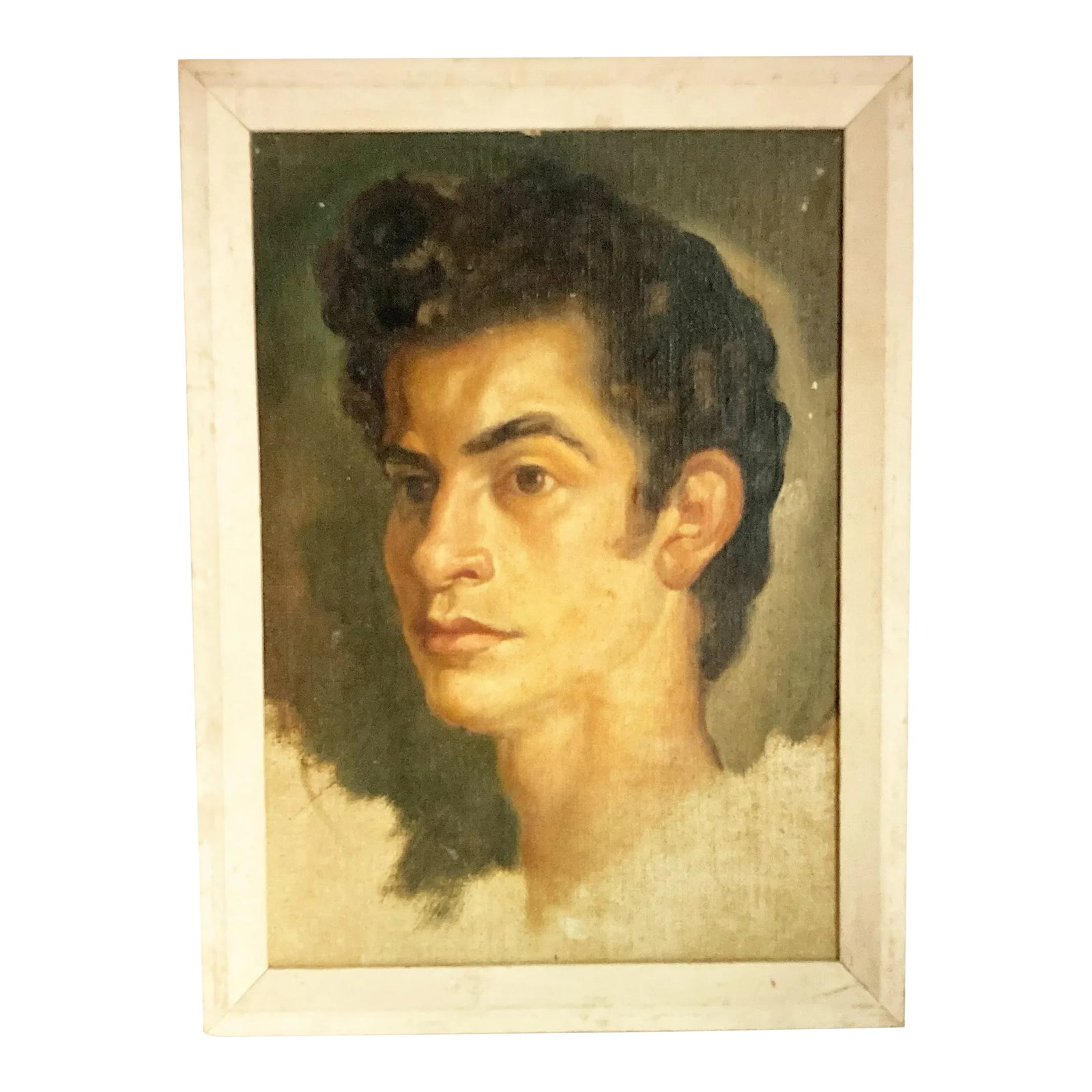 1960s Vintage Oil Portrait Painting of a Young Man Framed: This oil painting portrait on canvas board is equal parts beautiful, nostalgic and somewhat haunting. A sandy wood frame surrounds the captivating subject with quite the pompadour, looking off past
